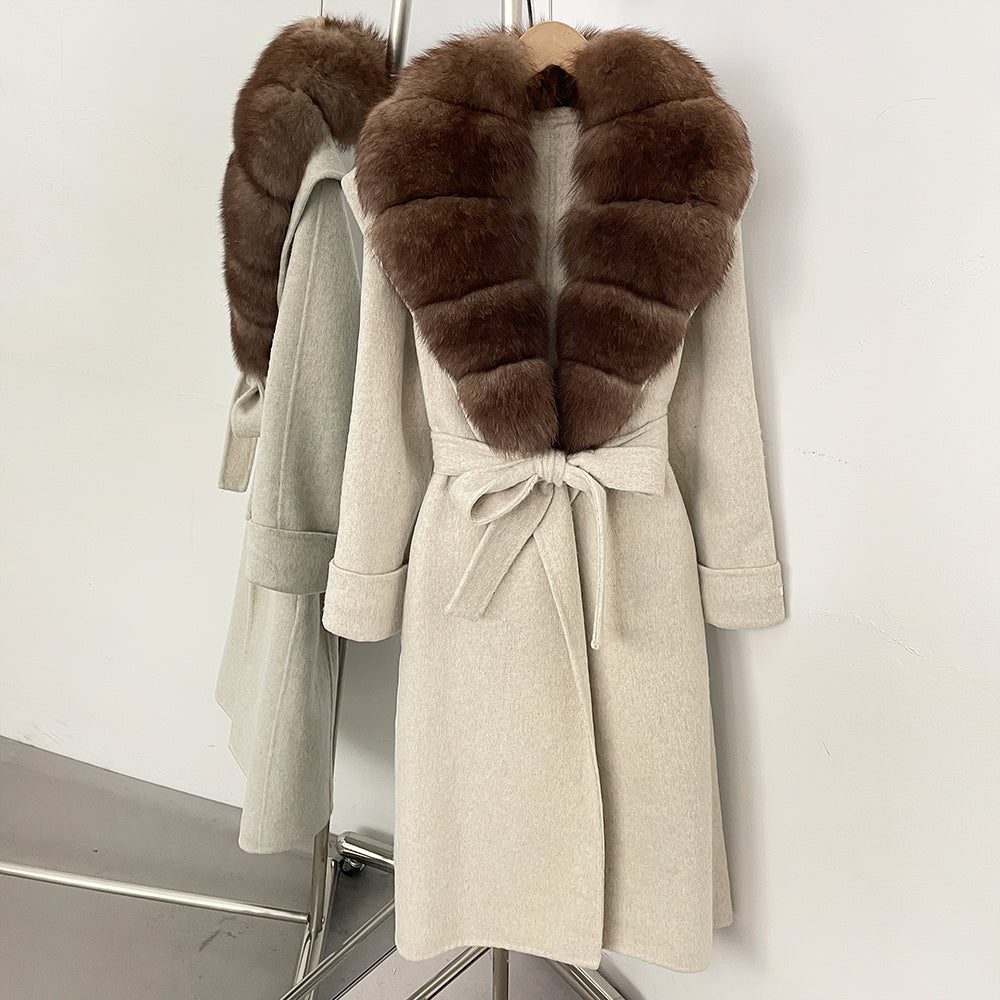 OFTBUY Belted Elegant Warm Outerwear Coat Female Women's Luxury Double-Faced Wool Jacket Winter Oversized Real Fox Fur Collar