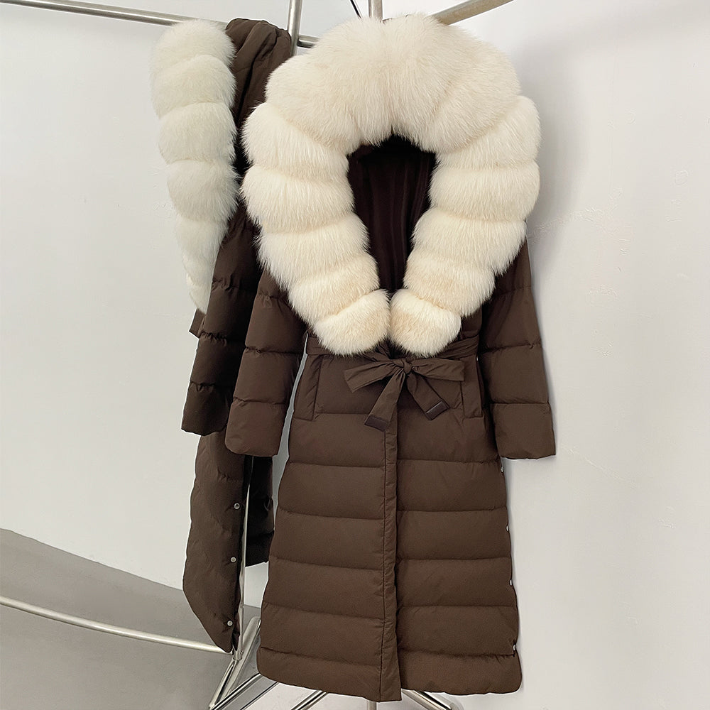 OFTBUY Hooded Winter White Duck Down Coat Large Real Fox Fur Collar X-Long Puffer Jacket Women Thick Female Parkas With Belt