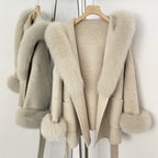 OFTBUY Hooded Big Natural Fur Belt Wool Coat Women New Autumn Winter Real Fox Fur Clothes Female Pocket Luxury Woolen Coat Lady