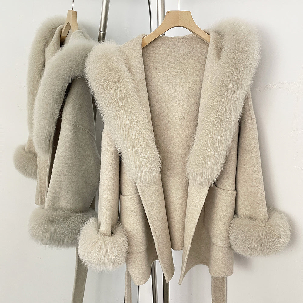 OFTBUY Hooded Big Natural Fur Belt Wool Coat Women New Autumn Winter Real Fox Fur Clothes Female Pocket Luxury Woolen Coat Lady
