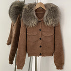 OFTBUY Short Natural Fox Fur Collar Knitted Sweater Coat FemaleReal Fur Clothing New Autumn Winter Knitting Cardigan Women