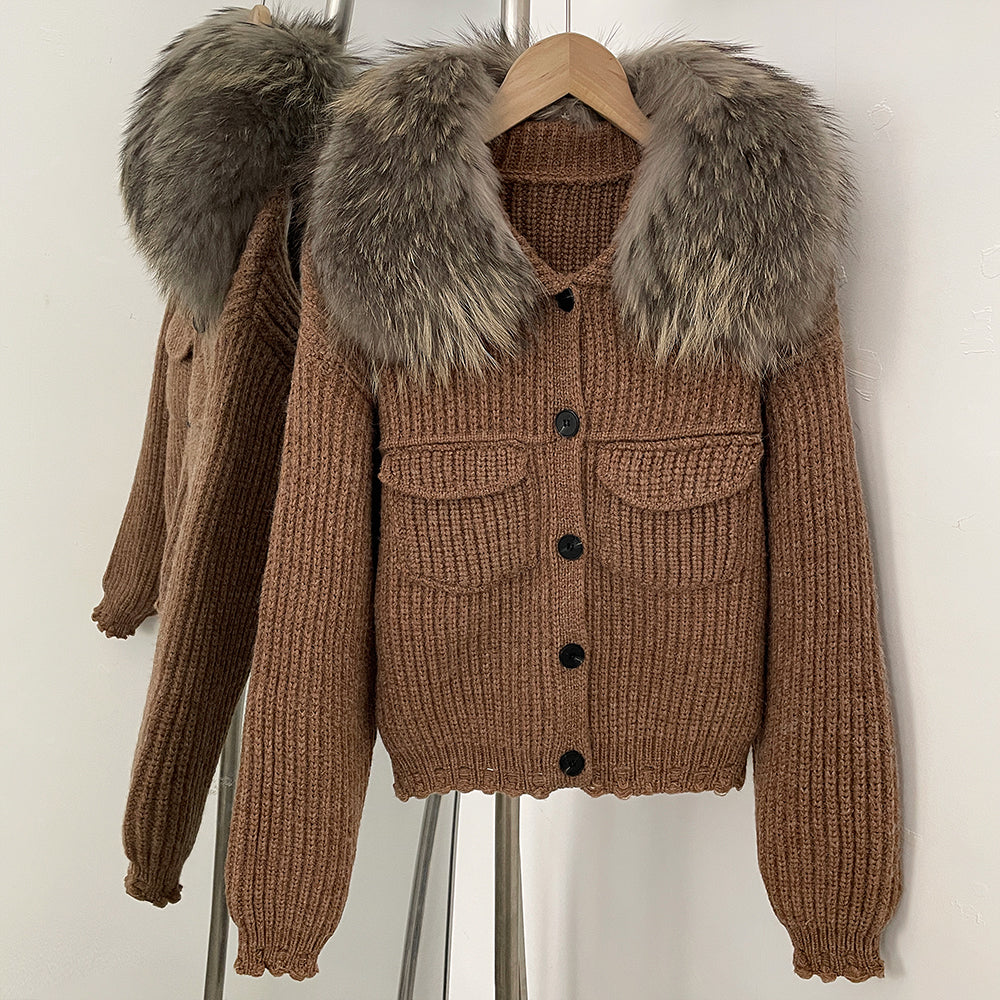 OFTBUY Short Natural Fox Fur Collar Knitted Sweater Coat FemaleReal Fur Clothing New Autumn Winter Knitting Cardigan Women