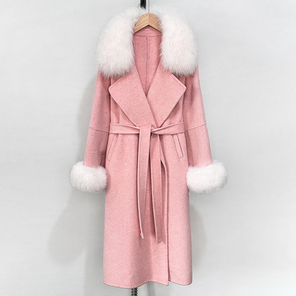 OFTBUY Fashion Warm Wool Coat with Real Fox Fur Collar New Autumn Winter Long Clothing Women Belt Elegant Woolen Jcacket Female