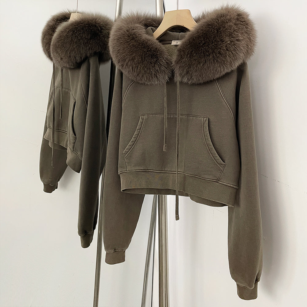 OFTBUY Casual Y2K Hoodie Real Fox Fur Collar Thickened Streetwear Hiphop Hoodie Sweatshirt Vintage Rock Goth Loose Punk Jacket