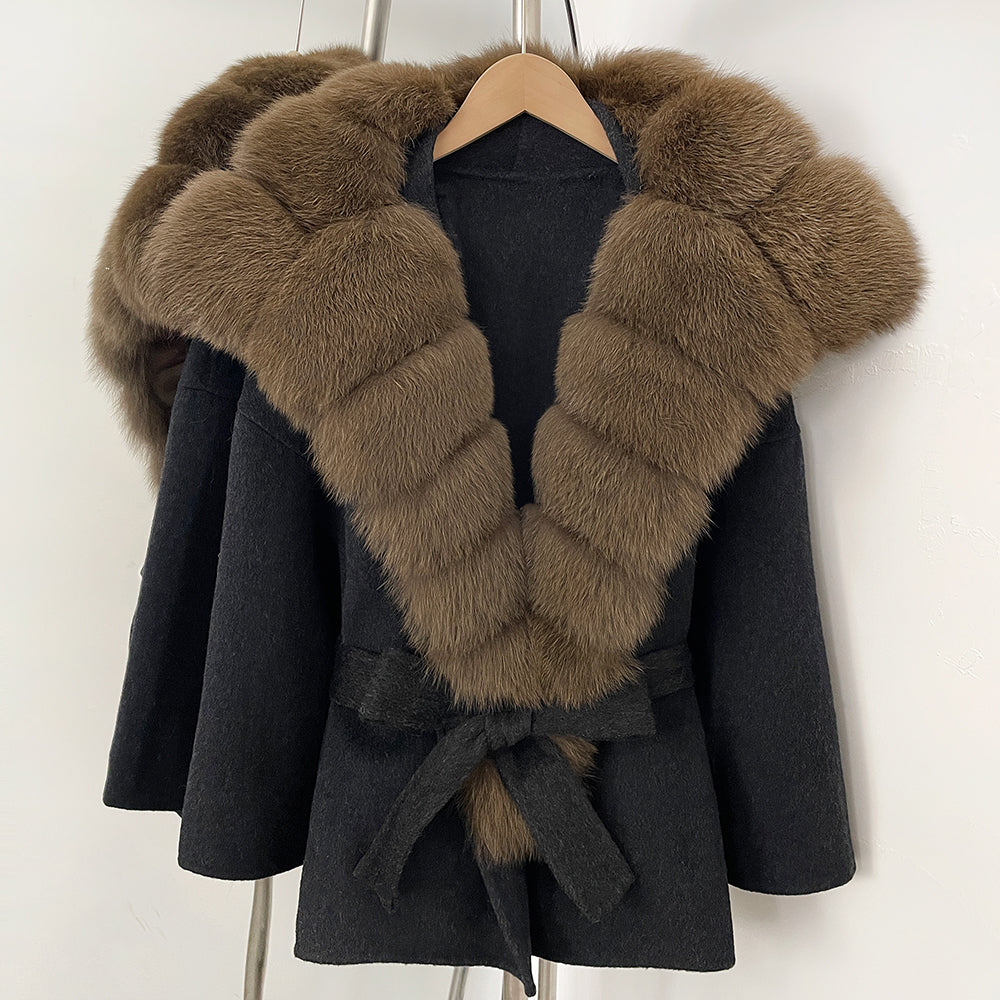 OFTBUY Belt Real Fox Fur Wool Coat Female New Autumn Winter Warm Clothes Women Natural Fox Fur Collar Cashmere Woolen Jacket