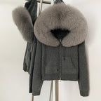 OFTBUY New Women's Beige Knit Hoodie with Large Real Fox Fur Trim Zipper Pockets Warm Winter Fashion Casual Outerwear Lady