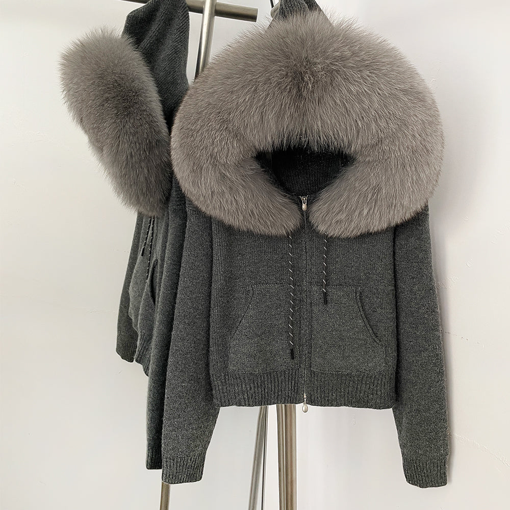 OFTBUY New Women's Beige Knit Hoodie with Large Real Fox Fur Trim Zipper Pockets Warm Winter Fashion Casual Outerwear Lady