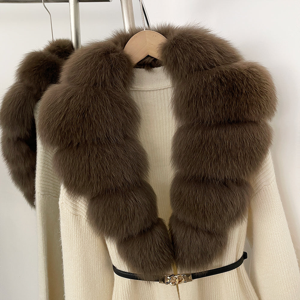 OFTBUY Warm Winter Elegant Fashion knit Outerwear female New Women's Knit Long Coat with Large Real Fox Fur Collar Belted Waist