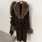 OFTBUY New Cardigan Autumn Winter Long Knit Clothing Women Loose Warm Belt Sweater Jacket with Real Fox Fur Collar and Cuffs