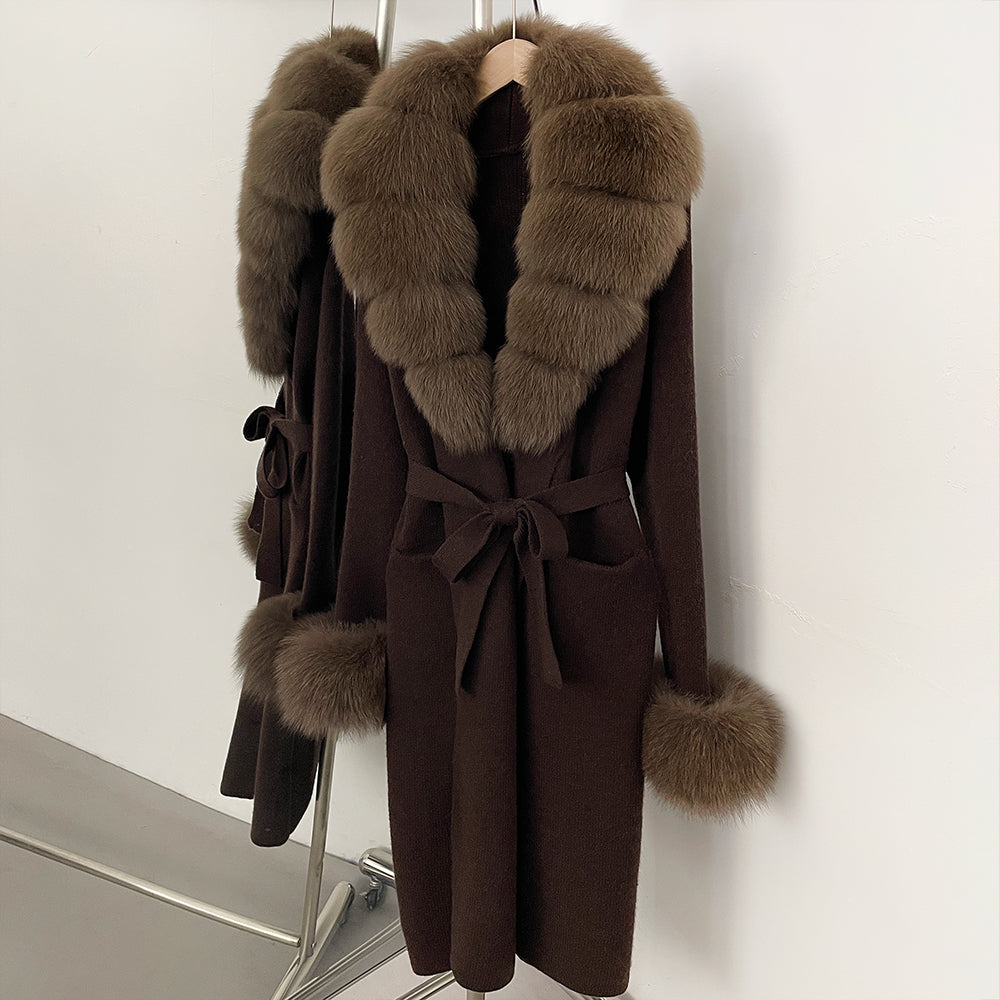 OFTBUY New Cardigan Autumn Winter Long Knit Clothing Women Loose Warm Belt Sweater Jacket with Real Fox Fur Collar and Cuffs