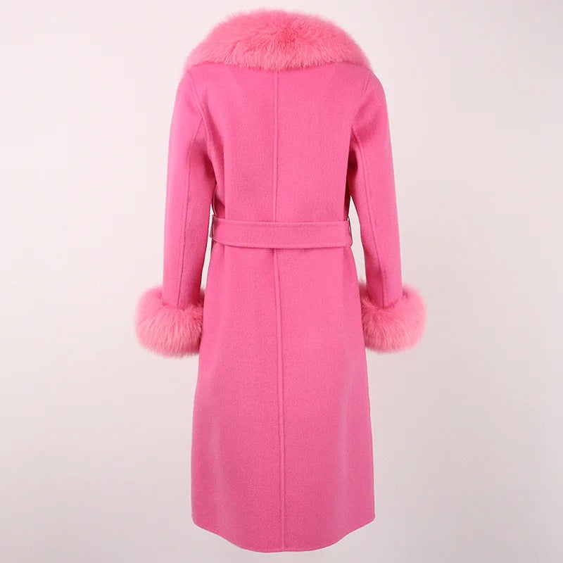 OFTBUY Winter Jacket Women Long Natural Wool Blends Cashmere Real Fur Coat Double Breasted Belt Warm Streetwear New Fashion