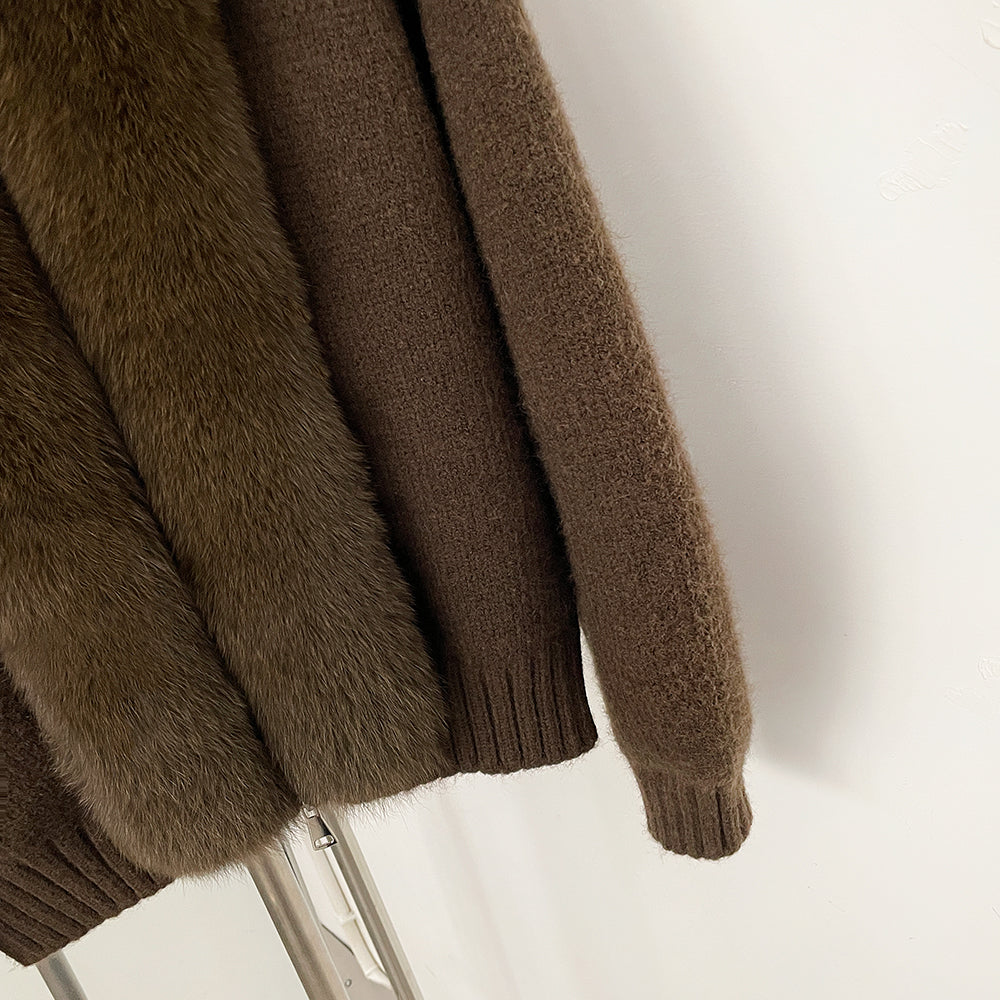 OFTBUY Luxury Viscose Blend Knitted Jacket with Real Fox Fur Hood & Trim - Premium Zip-Up Sweater with Oversized Fur Collar