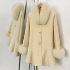 OFTBUY New Women's Wool Coat with Real Fox Fur Colla and Cuffs Luxury Pearl Button Ruffled Hem Winter Warm Outerwear Female