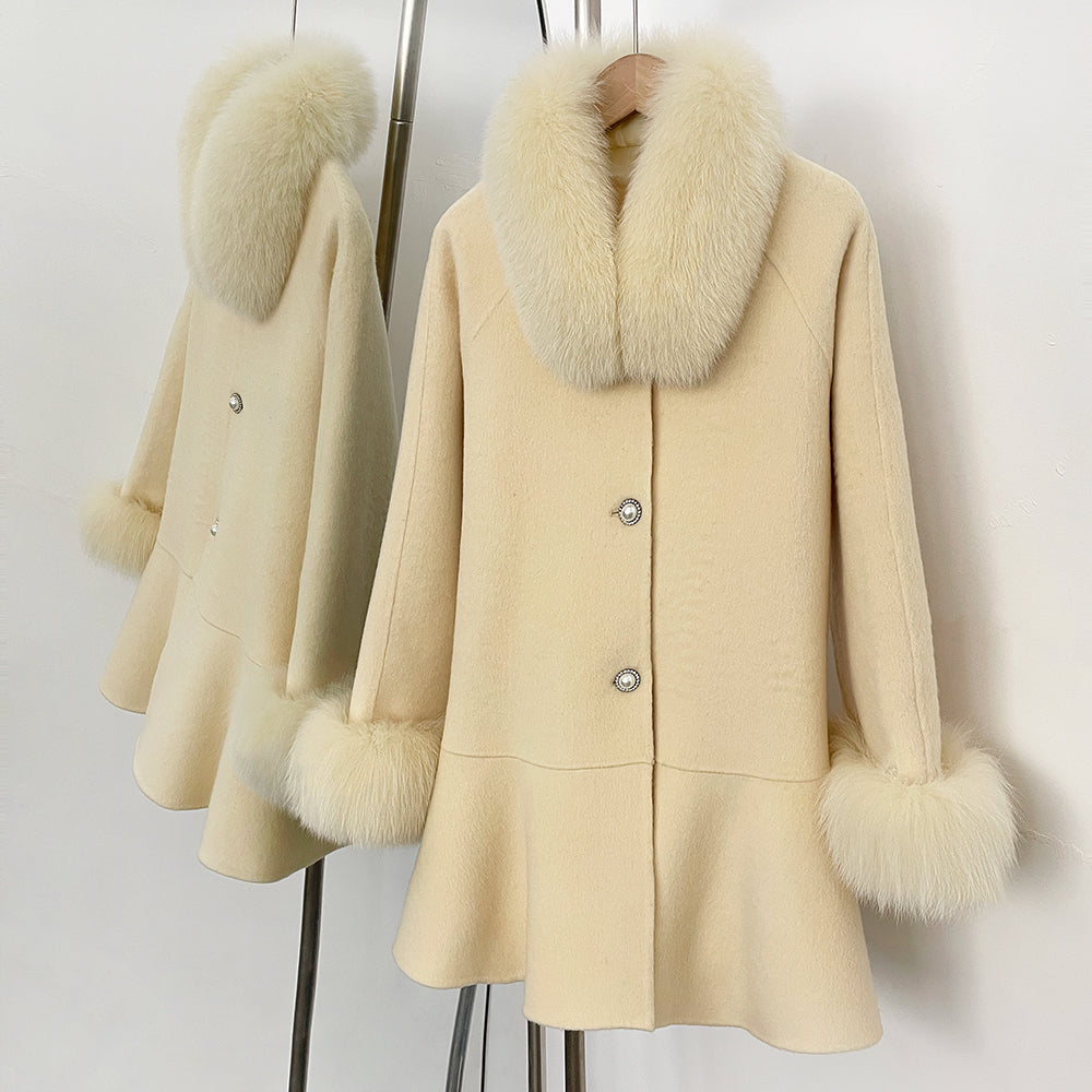 OFTBUY New Women's Wool Coat with Real Fox Fur Colla and Cuffs Luxury Pearl Button Ruffled Hem Winter Warm Outerwear Female