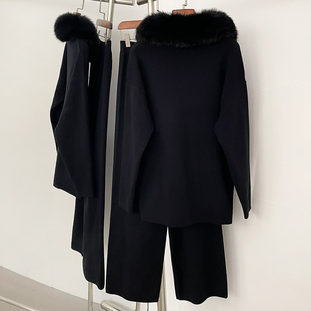 OFTBUY Knitted Pant Set Female Fashion Warm Real Fox Fur Sweater Lady New Autumn Winter Plus Size Woman Clothes Outfits Knitwear