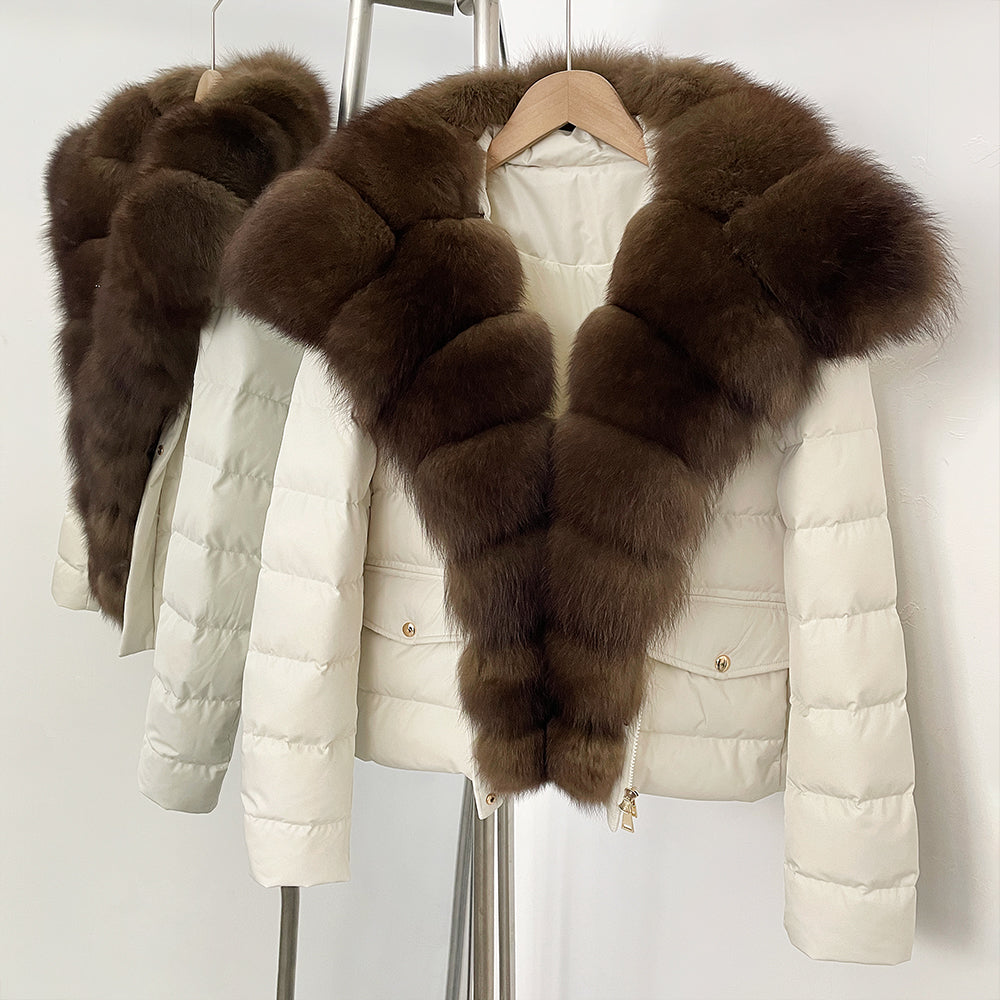 OFTBUY Real Fox Fur Collar Drawstring Waist Duck Down Puffer Coat New Women's Short Down Jacket Winter Luxury Outerwear