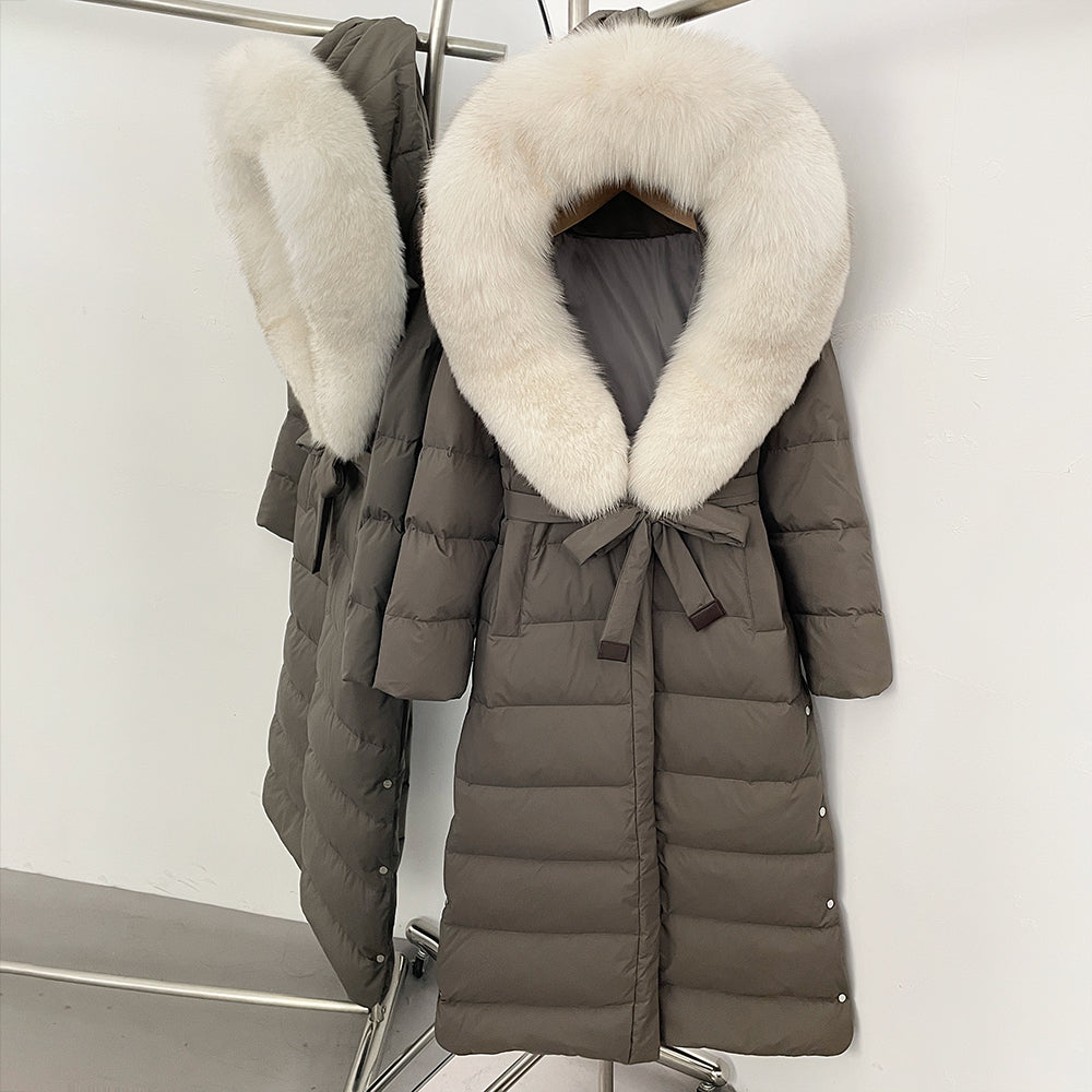 OFTBUY Hooded Winter White Duck Down Coat Large Real Fox Fur Collar X-Long Puffer Jacket Women Thick Female Parkas With Belt