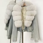 OFTBUY Real Fox Fur Collar Down Inner Lid Denim Jacket Female New Fashion Thick Warm Clothes Women Short Fluffy Puffer Jacket