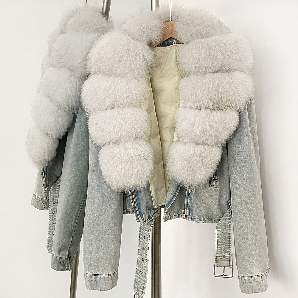 OFTBUY Real Fox Fur Collar Down Inner Lid Denim Jacket Female New Fashion Thick Warm Clothes Women Short Fluffy Puffer Jacket