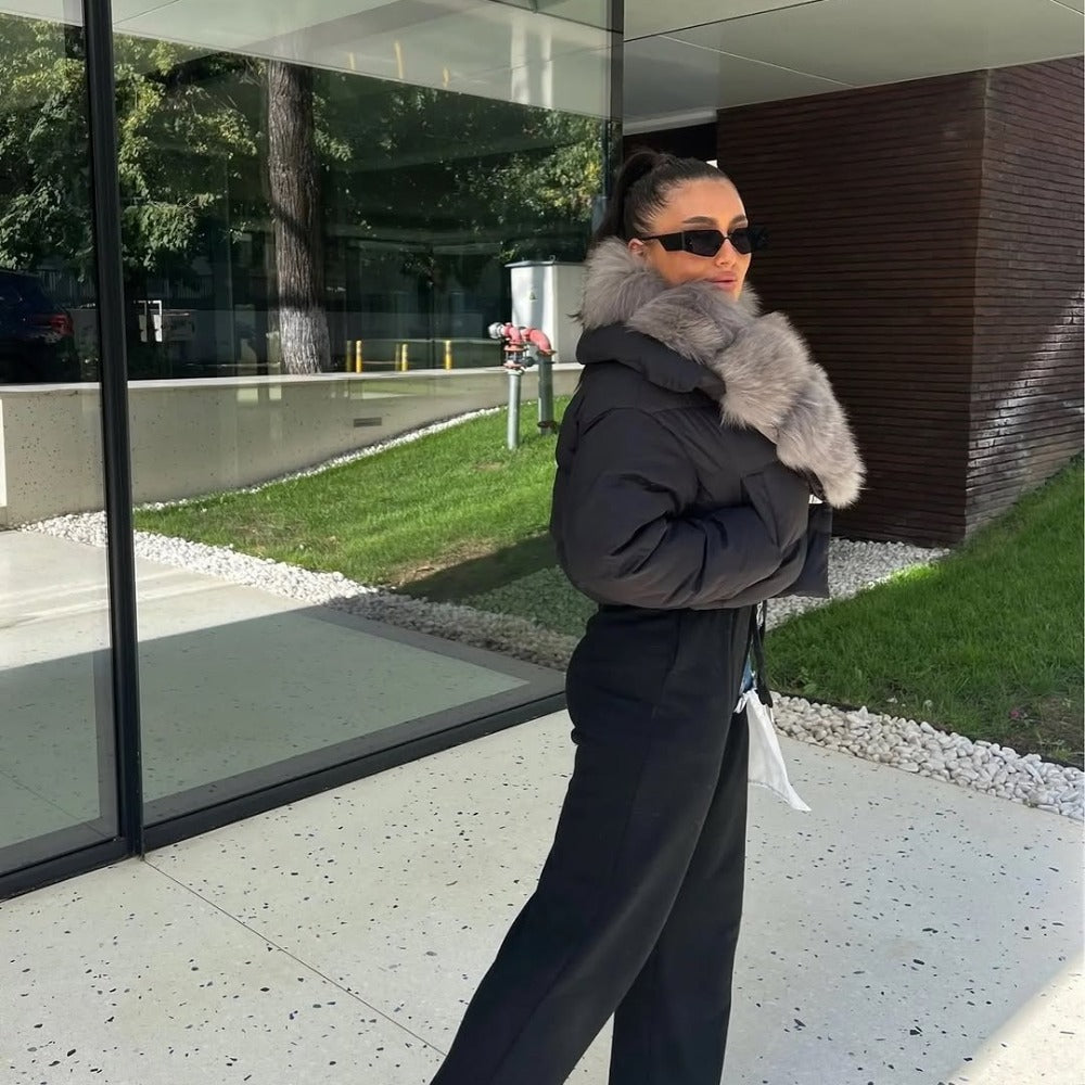 OFTBUY Luxury Cropped Puffer Jacket with Massive Real Fox Fur Collar - Premium 90% Duck Down Winter Coat