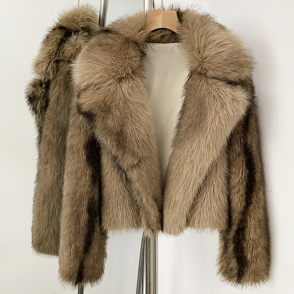 OFTBUY Luxury Oversized Lapel Faux Fur Jacket - Premium Vegan Fur Short Coat for Winter Glamour