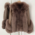 OFTBUY Women's Real Fox Fur Coat with Genuine Leather Sleeves Luxury Natural Fur Jacket Female New Warm Winter Clother Outerwear
