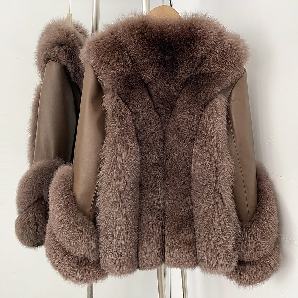 OFTBUY Women's Real Fox Fur Coat with Genuine Leather Sleeves Luxury Natural Fur Jacket Female New Warm Winter Clother Outerwear