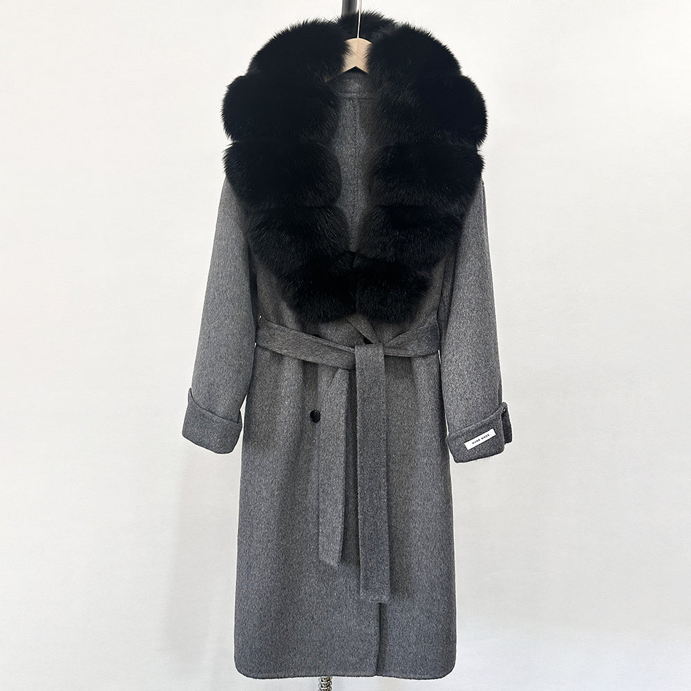 OFTBUY Winter Jacket Women Woolen Blends Coat Natural Real Fox Fur Collar Belt Loose Outerwear Casual Outerwear Streetwear