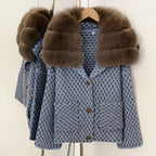 OFTBUY Women's Real Fox Raccoon Fur Collar Houndstooth Knit Cardigan Warm Winter Sweater Coat Female Luxury Elegant Outerwear