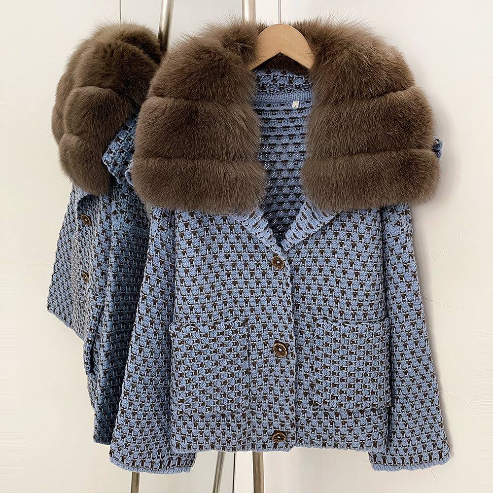 OFTBUY Women's Real Fox Raccoon Fur Collar Houndstooth Knit Cardigan Warm Winter Sweater Coat Female Luxury Elegant Outerwear