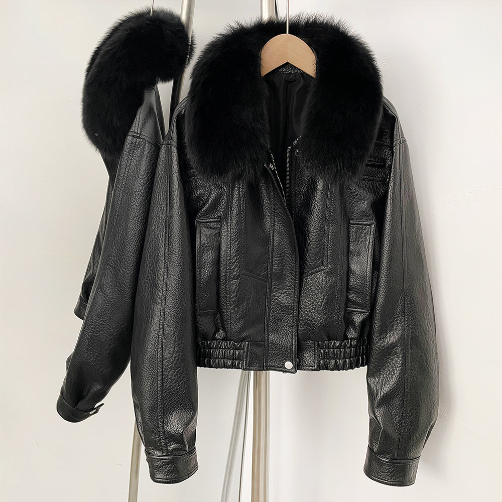 OFTBUY Women's Faux Leather Bomber Jacket with Real Fox Fur Collar PU Leather Cropped Aviator Coat Female New Winter Outerwear