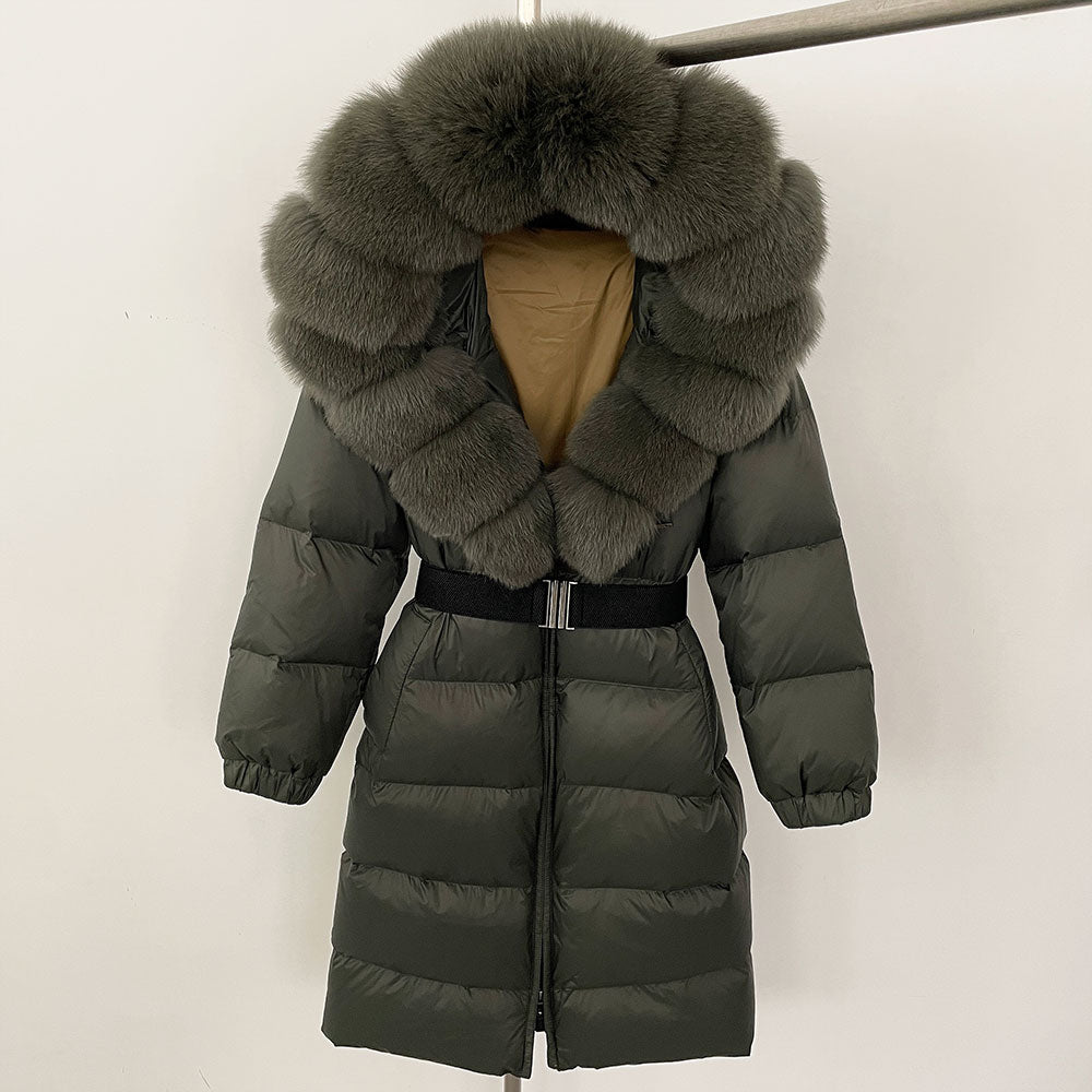 OFTBUY New Natural Thick Warm Duck Down Coat Female Long Winter Jacket Women Real Big Fox Fur Collar Belt Loose Puffer Parka