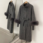 OFTBUY New Autumn Winter Knitted Sleeves Woolen Clothes Women High Collar Belt Real Fox Fur Wool Coat Female Alpaca Loose Jacket
