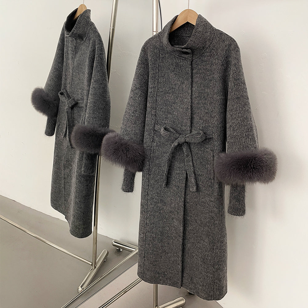 OFTBUY New Autumn Winter Knitted Sleeves Woolen Clothes Women High Collar Belt Real Fox Fur Wool Coat Female Alpaca Loose Jacket