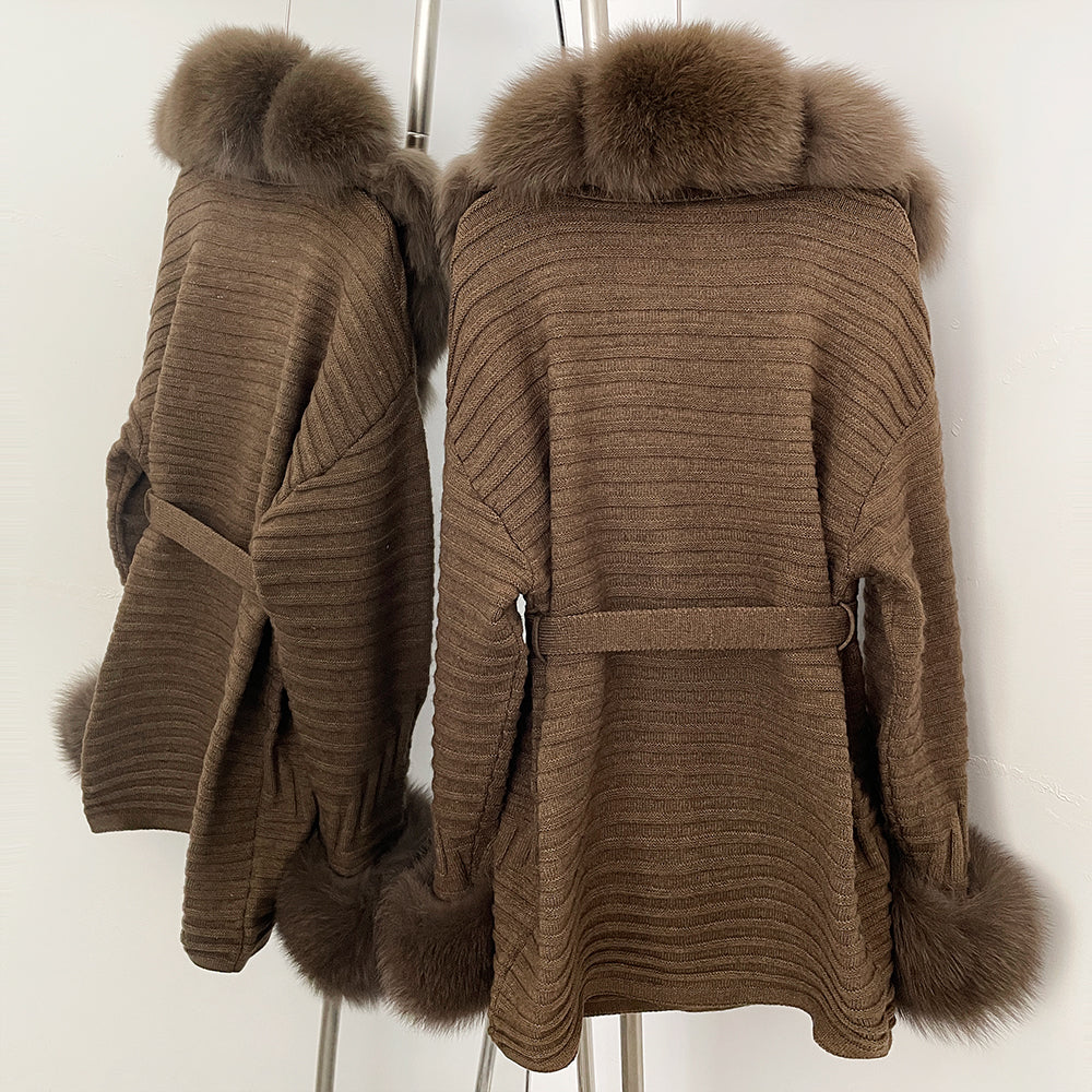 OFTBUY Belted Waist Striped Texture Pockets New Women's Knit Coat with Large Real Fox Fur Collar Winter Luxury Elegant Outerwear