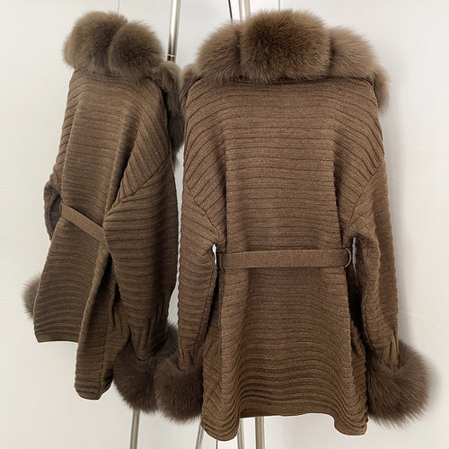 OFTBUY Belted Waist Striped Texture Pockets New Women's Knit Coat with Large Real Fox Fur Collar Winter Luxury Elegant Outerwear