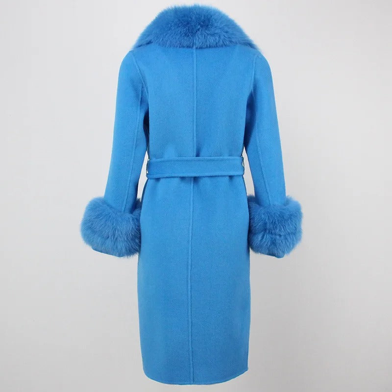 OFTBUY Winter Jacket Women Long Natural Wool Blends Cashmere Real Fur Coat Double Breasted Belt Warm Streetwear New Fashion