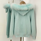 OFTBUY Natural Fur Knitted Sweater Jacket Hooded Real Fox Fur Cardigan Coat Women New Autumn Winter Zipper Warm Clothes Female