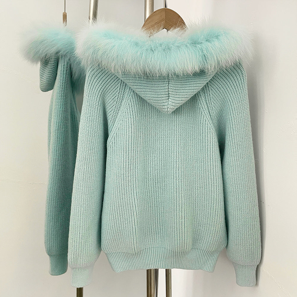 OFTBUY Natural Fur Knitted Sweater Jacket Hooded Real Fox Fur Cardigan Coat Women New Autumn Winter Zipper Warm Clothes Female
