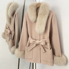 OFTBUY New Women's Wool Coat with Real Fox Fur Collar Cuffs Belted Bow Pockets Warm Winter Elegant Fashion Outerwear Female