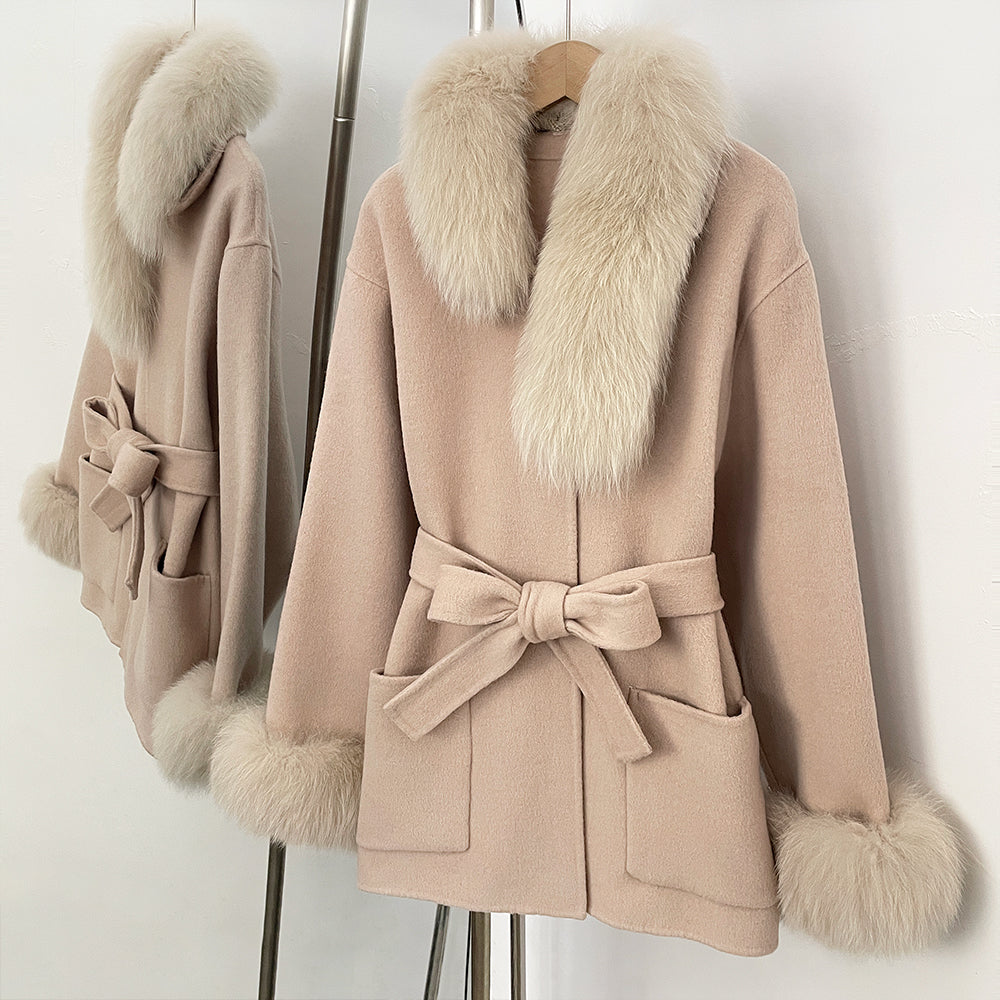 OFTBUY New Women's Wool Coat with Real Fox Fur Collar Cuffs Belted Bow Pockets Warm Winter Elegant Fashion Outerwear Female