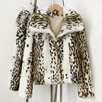  Cream gradient leopard print soft genuine rabbit fur cropped coat