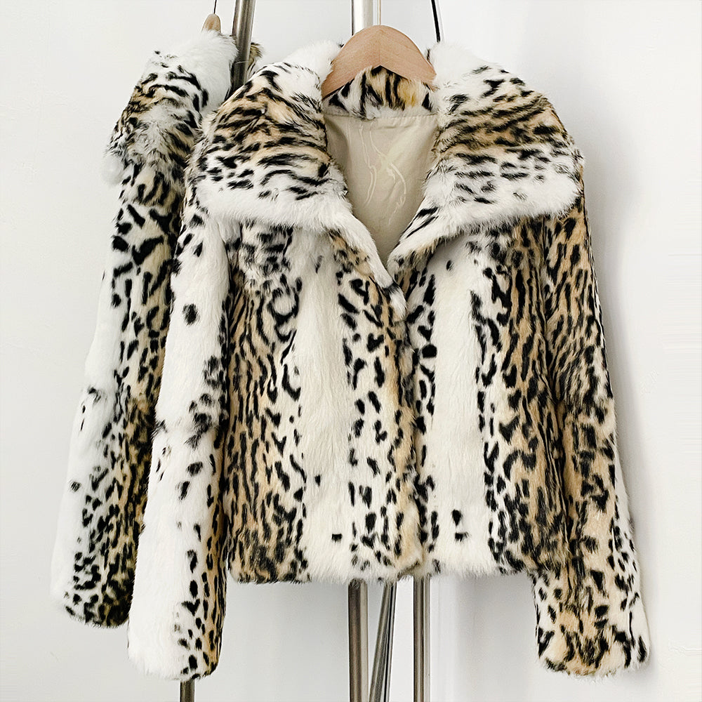  Cream gradient leopard print soft genuine rabbit fur cropped coat