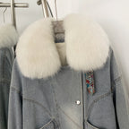 OFTBUY New Autumn Winter Clothes Female Real Fox Fur Goose Down Inner Lid Denim Jacket Women Thick Warm Fur Puffer Jacket Lady