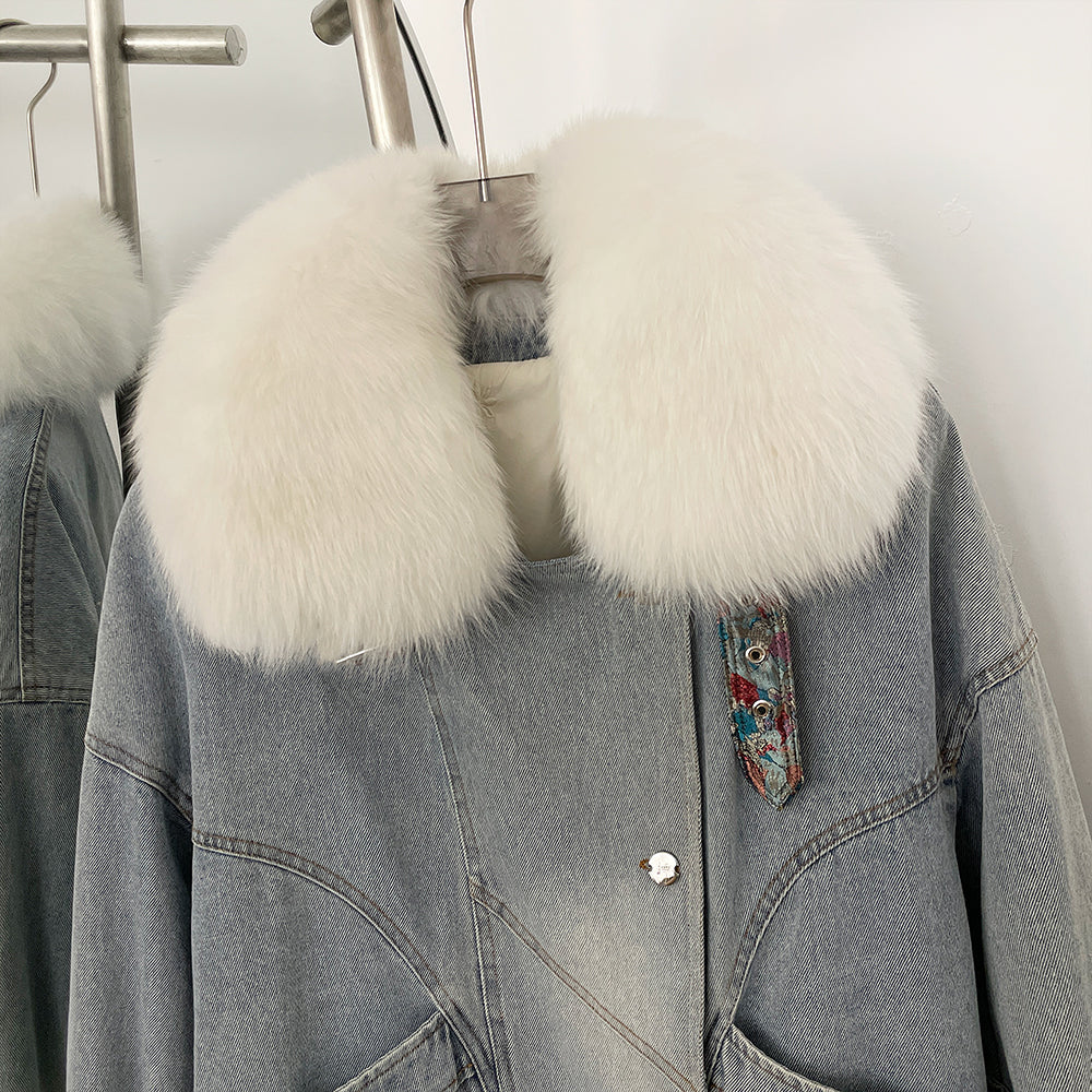 OFTBUY New Autumn Winter Clothes Female Real Fox Fur Goose Down Inner Lid Denim Jacket Women Thick Warm Fur Puffer Jacket Lady