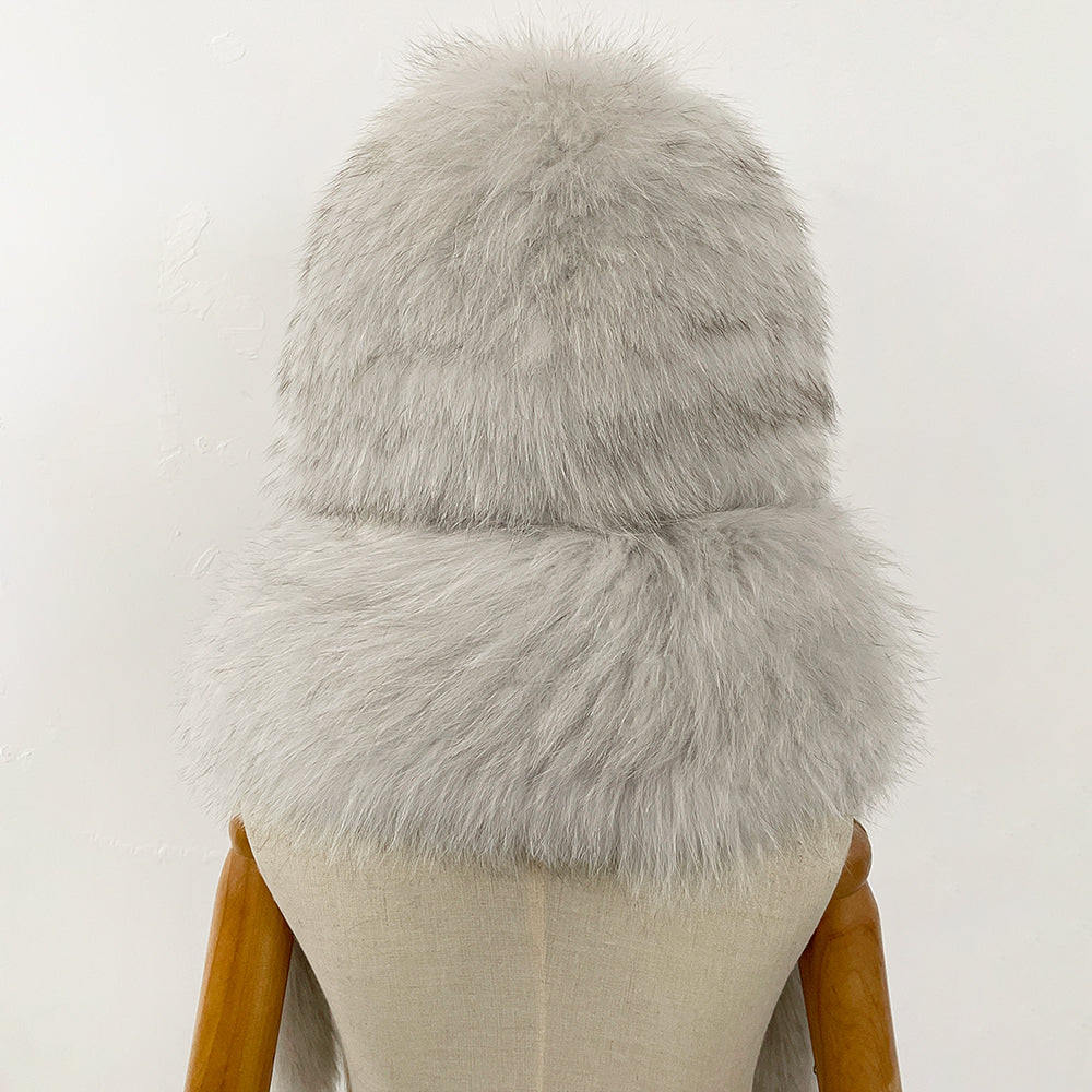 OFTBUY Hot Sales Fashion Fluffy White Natural Fox Fur Hat with Scarf Women Winter Female Thickened Warm Long Real Fur Cap Child