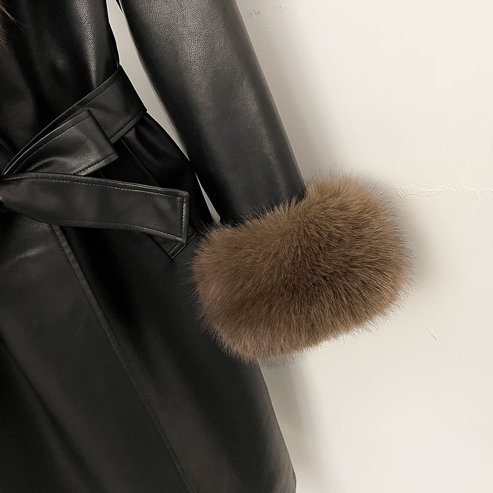 OFTBUY New Autumn Winter Clothes Women Long Faux Fur Jacket Female Fashion Vintage Belt Faux Leather Coat Outerwear Streetwear