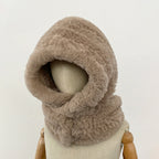OFTBUY New Winter Cute Windproof Real Fur Cycling Cap with Muffler Female Thick Warm Natural Rabbit Fur Bomber Hat Scarf Women