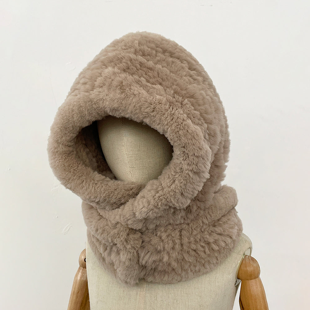 OFTBUY New Winter Cute Windproof Real Fur Cycling Cap with Muffler Female Thick Warm Natural Rabbit Fur Bomber Hat Scarf Women