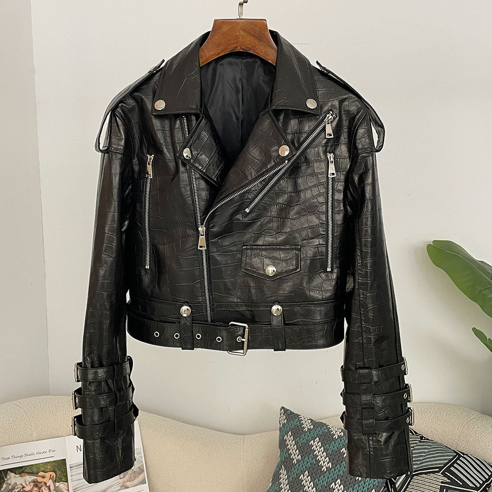 OFTBUY New Women's Genuine Leather Cropped Moto Jacket Crocodile Embossed Real Leather Biker Coat with Belt Punk Rock Outerwear